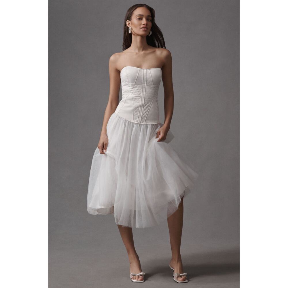 BHLDN Ivory Strapless Bridal Midi Dress Corset Tulle Skirt NWT L
